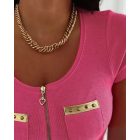 Round Neck Short Sleeve Zipper Front T Shirt Casual Pocket Design Slim Fit Ribbed Top