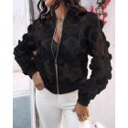 Floral Embroidery Baseball Collar Long Sleeve Coat Sheer Mesh Patch Zip Up Jacket