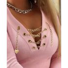 V-Neck Long Sleeve Chain Decor T Shirt Casual Slim Fit Ribbed Top