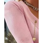 V-Neck Long Sleeve Chain Decor T Shirt Casual Slim Fit Ribbed Top