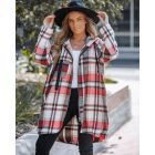 Plaid Pattern Shacket Zipper Design Oversized Longline Casual Hooded Coats with Pockets