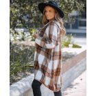 Plaid Pattern Shacket Jacket Zip Up Oversized Longline Shirt Casual Hooded Coats with Pockets
