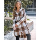 Plaid Pattern Shacket Jacket Zip Up Oversized Longline Shirt Casual Hooded Coats with Pockets
