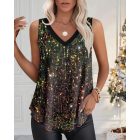 V-Neck Allover Sequin Thick Strap Sleeveless Tank Casual Top