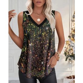 V-Neck Allover Sequin Thick Strap Sleeveless Tank Casual Top