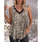 Leopard Pattern V-Neck Allover Sequin Thick Strap Sleeveless Tank Casual Top