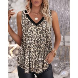   Leopard Pattern V-Neck Allover Sequin Thick Strap Sleeveless Tank Casual Top