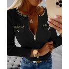 Crewneck Half Zipper Design Long Sleeve Knit Sweater Casual Pullover Tops