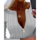 Crewneck Long Sleeve Ribbed Top Half Zipper Design Casual Pullover Tops