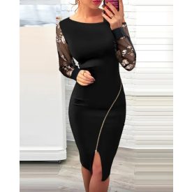   Floral Pattern Contrast Sequin Cold Shoulder Bodycon Dress Zip Up Sheer Mesh Patch Midi Dress