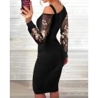 Floral Pattern Contrast Sequin Cold Shoulder Bodycon Dress Zip Up Sheer Mesh Patch Midi Dress