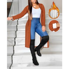   Open Front Long Sleeve Coat Fleece Lined Ribbed Longline Outwear
