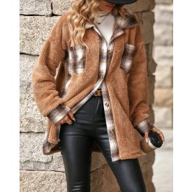   Plaid Print Pocket Design Long Sleeve Buttoned Teddy Coat Outfit