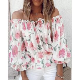 Off Shoulder Floral Print Lantern Sleeve Top