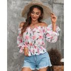 Off Shoulder Floral Print Lantern Sleeve Top