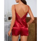 2 Pieces Sexy Set Contrast Lace V-Neck Spaghetti Strap Tank and Sexy Satin Shorts Lingerie Set