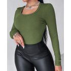 ChicMe Built-in Bra U-Neck Long Sleeve Ribbed Top