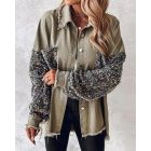 Casual Jacket Sequin Patchwork Long Sleeve Jacket Top Button Front Raw Hem Oversized Denim Shacket