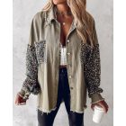 Casual Jacket Sequin Patchwork Long Sleeve Jacket Top Button Front Raw Hem Oversized Denim Shacket