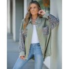 Casual Jacket Sequin Patchwork Long Sleeve Jacket Top Button Front Raw Hem Oversized Denim Shacket
