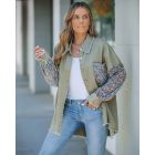 Casual Jacket Sequin Patchwork Long Sleeve Jacket Top Button Front Raw Hem Oversized Denim Shacket