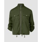 Flap Pocket Roll Tab Sleeve Drawstring Hem Zip Up Jacket