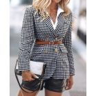 Houndstooth Pattern Double Breasted Blazer With Belt