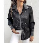 Rhinestone Turn-down Collar Long Sleeve Blouse Elegant Shirt