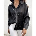 Rhinestone Turn-down Collar Long Sleeve Blouse Elegant Shirt