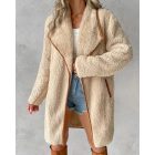 Contrast Binding Lapel Teddy Coat Open Front Longline Winter Outwear Jackets with Pockets