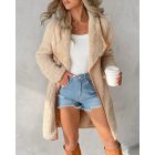 Contrast Binding Lapel Teddy Coat Open Front Longline Winter Outwear Jackets with Pockets