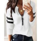 Striped Print Zipper Front Long Sleeve Top  Waffle Knit Loose Fitting Tunic Tops