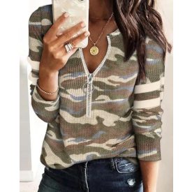   Waffle Knit Camouflage Print Round Neck Long Sleeve Front Zipper Tee Casual Top