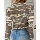 Waffle Knit Camouflage Print Round Neck Long Sleeve Front Zipper Tee Casual Top