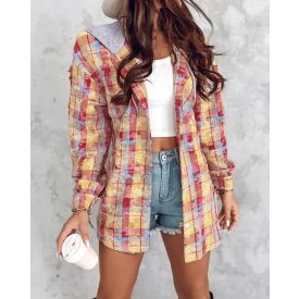   Colorblock Plaid Print Hooded Distressed Button Front Coat Shacket