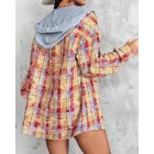 Colorblock Plaid Print Hooded Distressed Button Front Coat Shacket