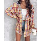 Colorblock Plaid Print Hooded Distressed Button Front Coat Shacket