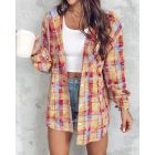 Colorblock Plaid Print Hooded Distressed Button Front Coat Shacket