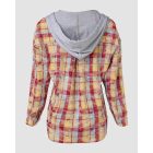 Colorblock Plaid Print Hooded Distressed Button Front Coat Shacket