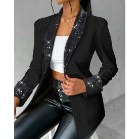   Contrast Sequin Shawl Collar Blazer Coat Button Front Long Sleeve Coat