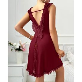   V Neck Contrast Lace Eyelet Embroidery Babydolls Sexy Backless Slit Sleep Dress