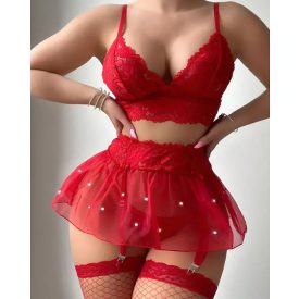   3 Pieces Lingerie Set Lace V Neck Spaghetti Strap Bralette and Pearl Decor See Through Mini Skirt with Thong