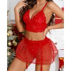3 Pieces Lingerie Set Lace V Neck Spaghetti Strap Bralette and Pearl Decor See Through Mini Skirt with Thong