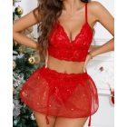 3 Pieces Lingerie Set Lace V Neck Spaghetti Strap Bralette and Pearl Decor See Through Mini Skirt with Thong