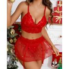 3 Pieces Lingerie Set Lace V Neck Spaghetti Strap Bralette and Pearl Decor See Through Mini Skirt with Thong