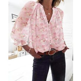   Glitter Lurex Floral Print Long Sleeve Blouse Front Button Casual Top