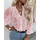 Glitter Lurex Floral Print Long Sleeve Blouse Front Button Casual Top