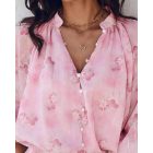 Glitter Lurex Floral Print Long Sleeve Blouse Front Button Casual Top