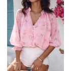 Glitter Lurex Floral Print Long Sleeve Blouse Front Button Casual Top