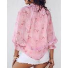 Glitter Lurex Floral Print Long Sleeve Blouse Front Button Casual Top
